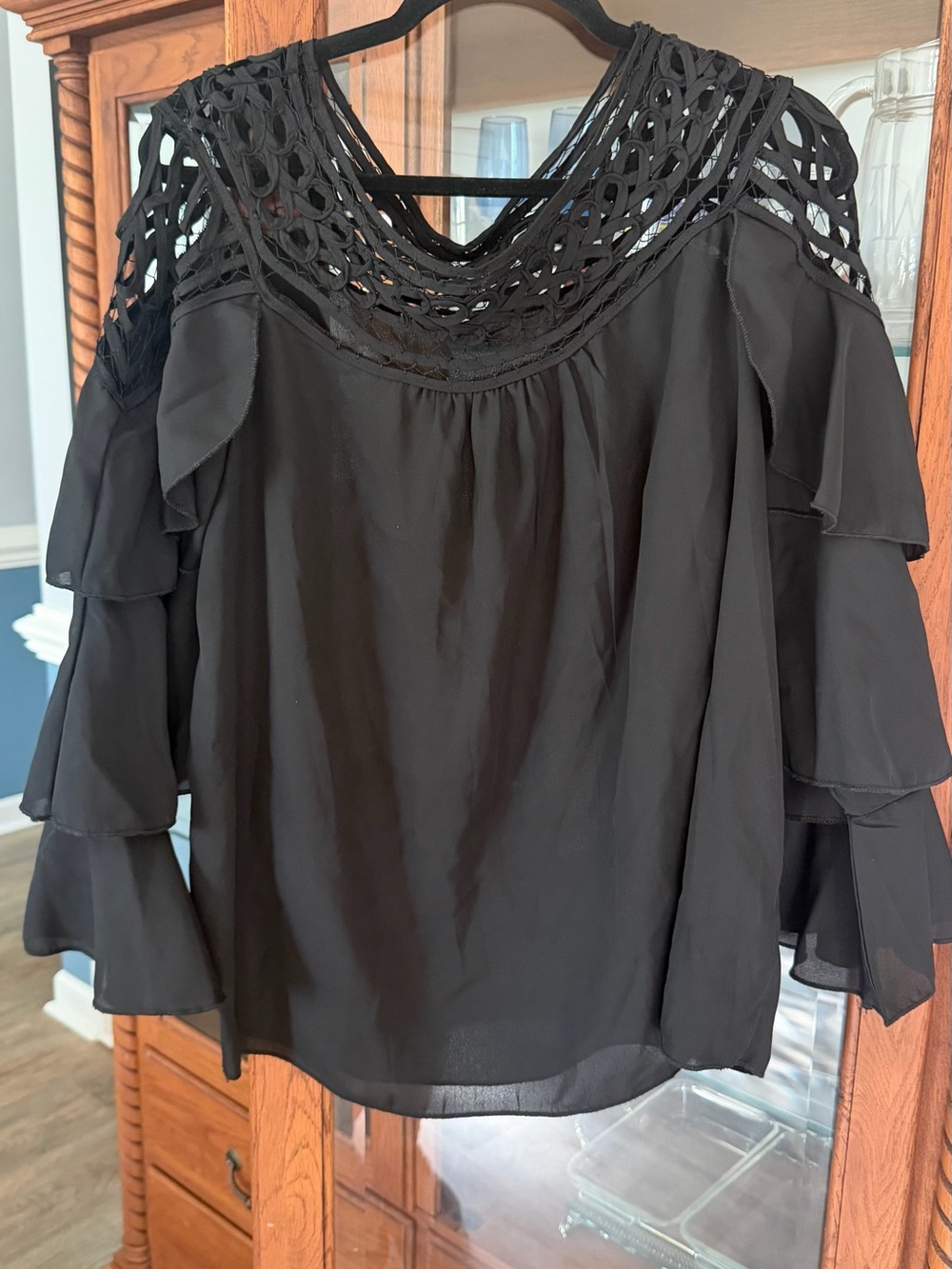 Black Cold-Shoulder Crochet, Bell sleeved  Blouse
